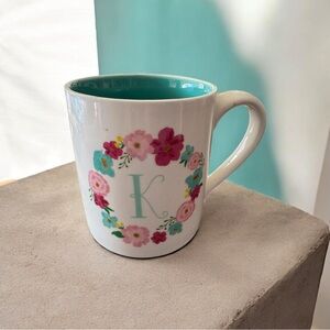 Charming Floral Initial Mug - White and Teal - 18 ounces